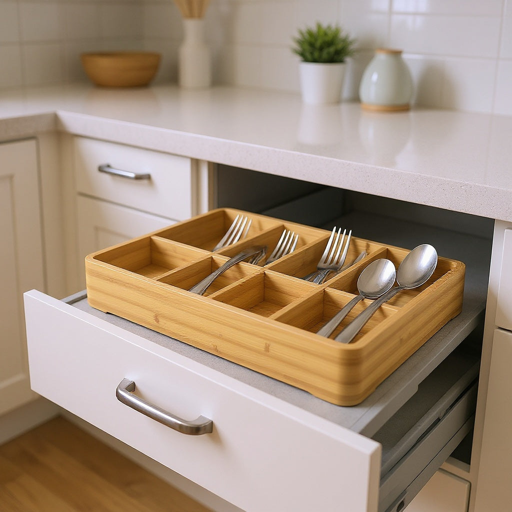Bamboo Cutlery Organizer – 18-Inch Expandable, Non-Slip Base, Fits Standard Drawers
