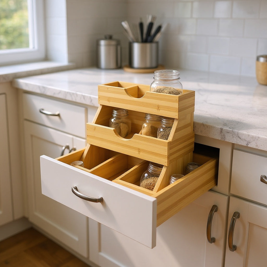 Bamboo Tiered Spice Organizer – 12 x 6 x 3 inches, Natural Finish, Minimalist