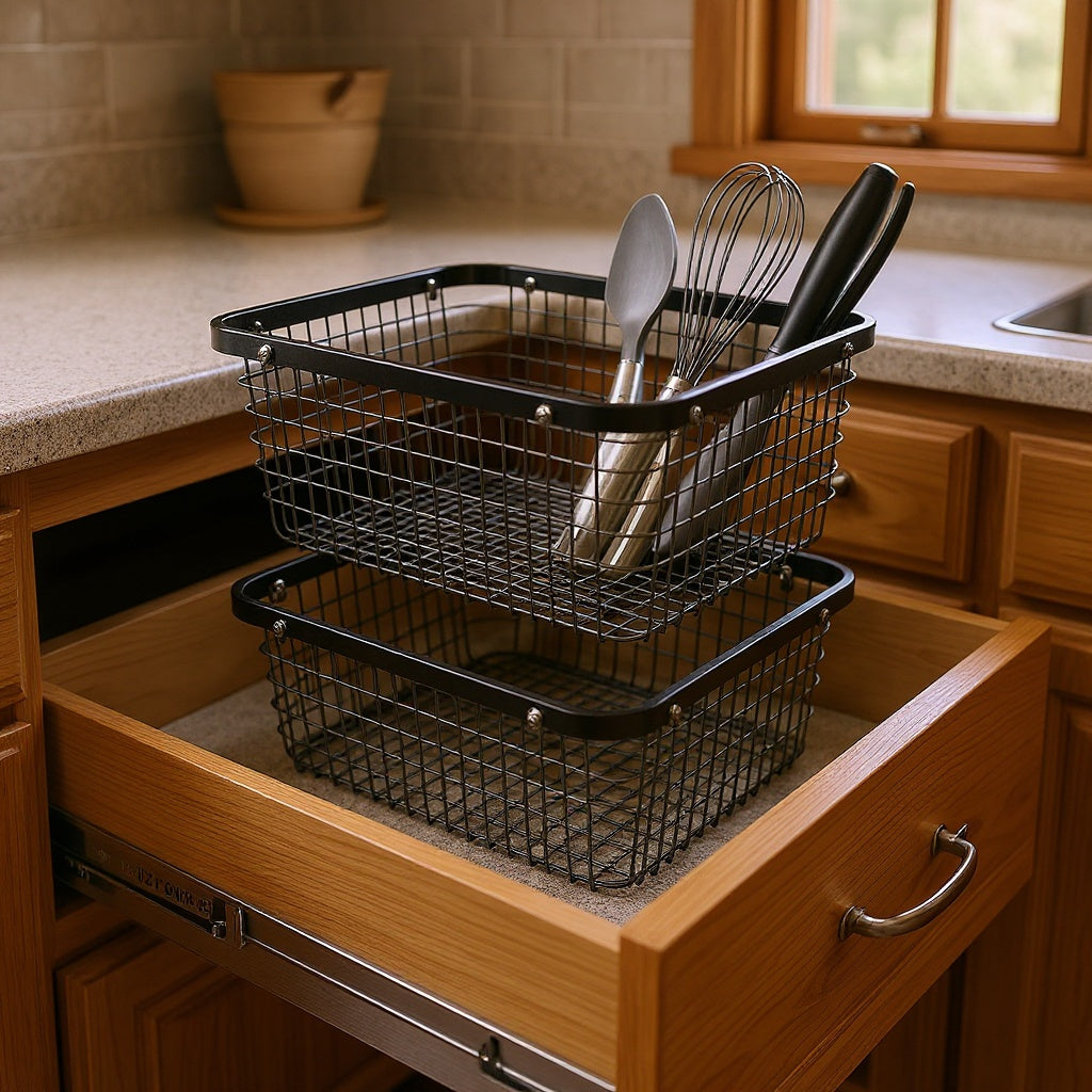 Metal Mesh Drawer Basket – 12 x 14 x 4 in, Black, Modern