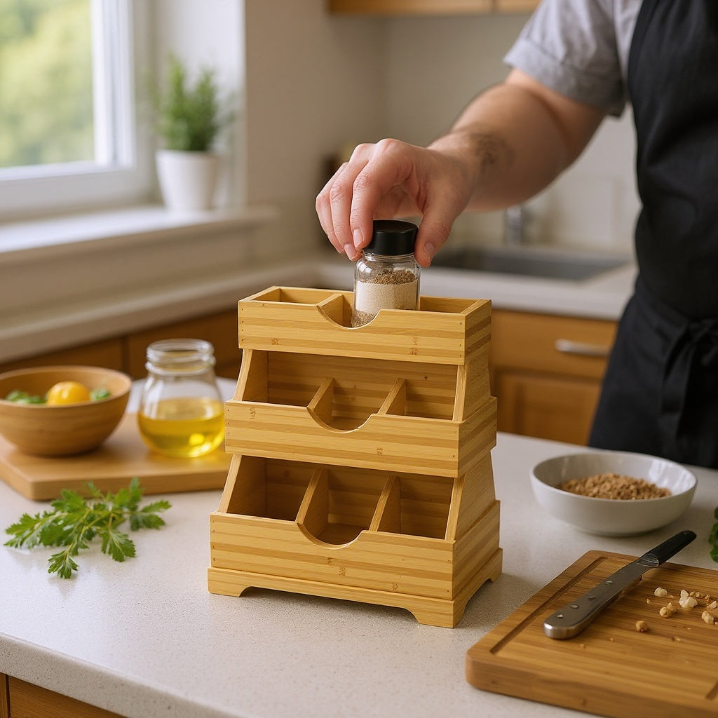 Bamboo Tiered Spice Organizer – 12 x 6 x 3 inches, Natural Finish, Minimalist