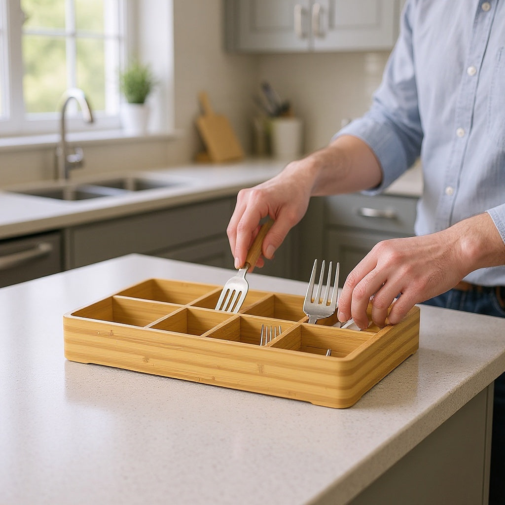 Bamboo Cutlery Organizer – 18-Inch Expandable, Non-Slip Base, Fits Standard Drawers